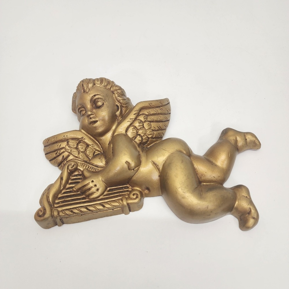 Vintage Gold Cherub Angel Playing Harp Wall Plaque 8" Plaster Chalkware